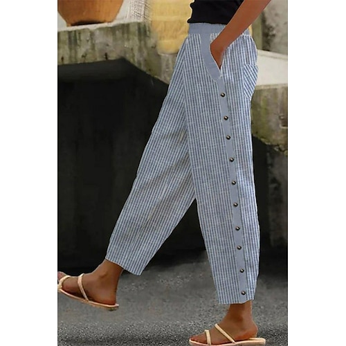 Damen Kunstbaumwollleinen Stoffhosen Hosen Hose Klassisch Lässig Volle Länge Natürliche Taille Gestreift Tasche Atmungsaktivität Weich Bequem Mikroelastisch Straße Alltagskleidung Hellhimmelblau Grau Image