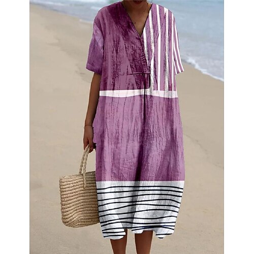 Damen Midikleid Sommerkleid Urlaub Lässig Strand Täglich Ausgehen Lässiger Schnitt Grafik Geometrisch Kurzarm V Ausschnitt Blau Purpur Orange Grün Sommer Image