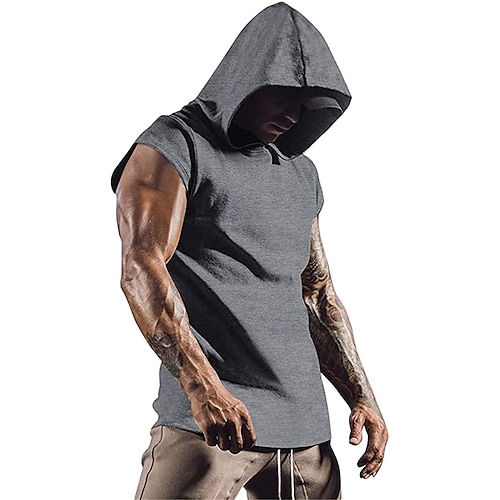 Herren Einfarbig Lauf-Tanktop Workout-Tanktop Ärmellos T-Shirt Sportlich Sommer Mit Kapuze Schnelltrocknend Weich Feuchtigkeitsableitend Atmungsaktiv Joggen Training Bodybuilding Sportbekleidung Image