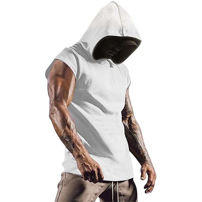 Men's Solid Colored Running Tank Top Workout Tank Summer Sleeveless Athletic Hooded Quick Dry Soft Moisture Wicking Breathable Running Jogging Training Bodybuilding White Sportswear Activewear