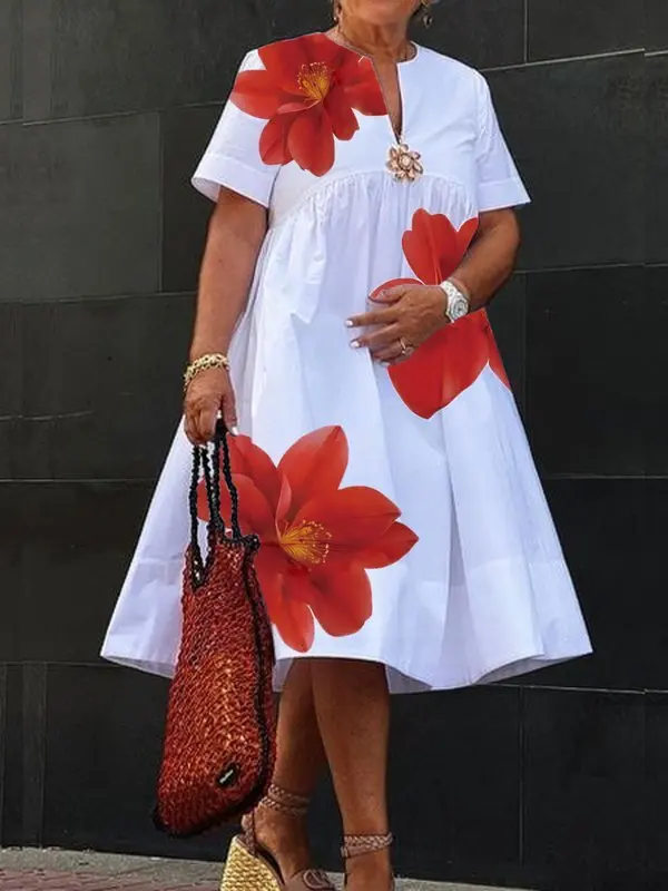 Modigirl femmes été nouvelle robe 2025 col en v plissé manches courtes blanc ample fleur imprimé décontracté robes mi-longues pour femme