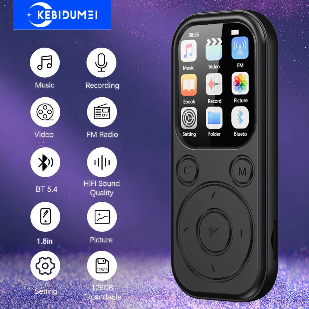 Lettore MP3 Bluetooth 5.4 Schermo da 1,8 pollici Lettore audio musicale portatile Supporto TF Radio FM Registrazione di immagini video per cuffie