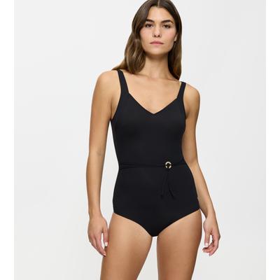 Badeanzug TRIUMPH "Summer Twist OP 01", Damen, Gr. 38, Cup E, schwarz, Microfaser, Obermaterial: 77% Polyamid, 23% Elasthan, elegant, Badeanzüge, V-Ausschnitt, vorn mit Flechtgürtel, Zierring, verstellbare Träger Image