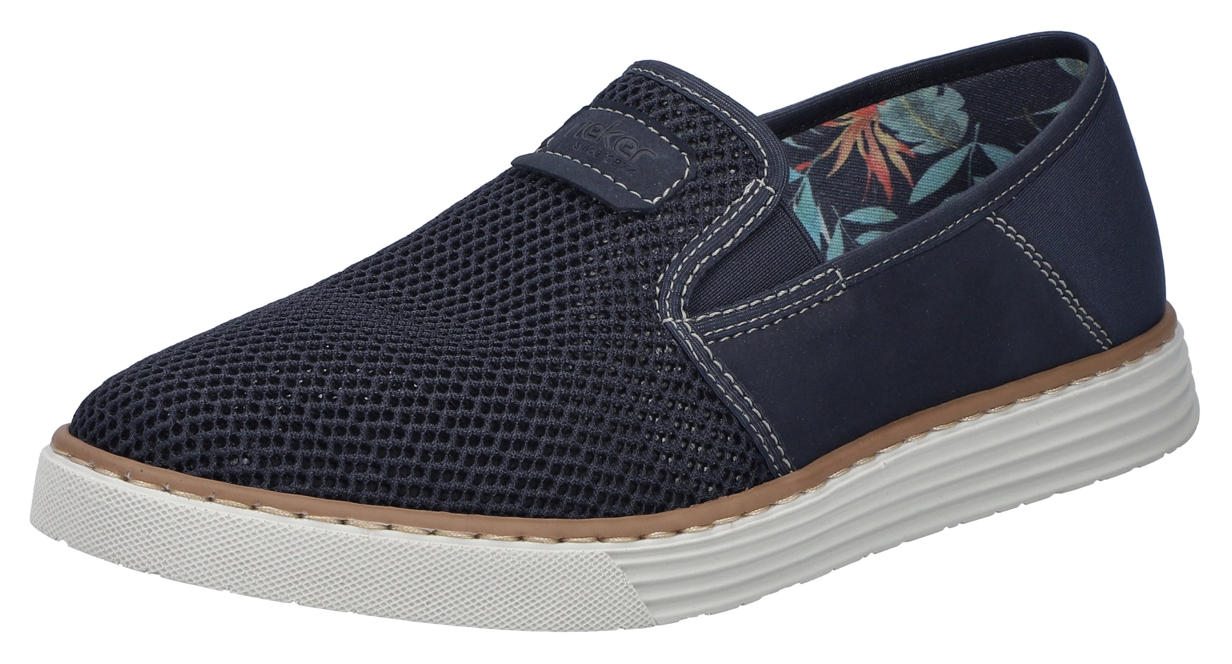 Slipper RIEKER, Herren, Gr. 43, blau (dunkelblau), Lederimitat, Textil, Schuhe Slipper, Espadrilles, Sommerschuh mit kontrastfarbenen Ziernähten