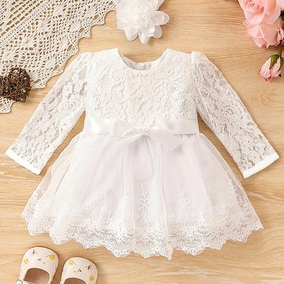 TEMU Newborn Baby Girls Long Sleeve Wedding Dress, White Lace Cute Dress/ Belt/ Headband