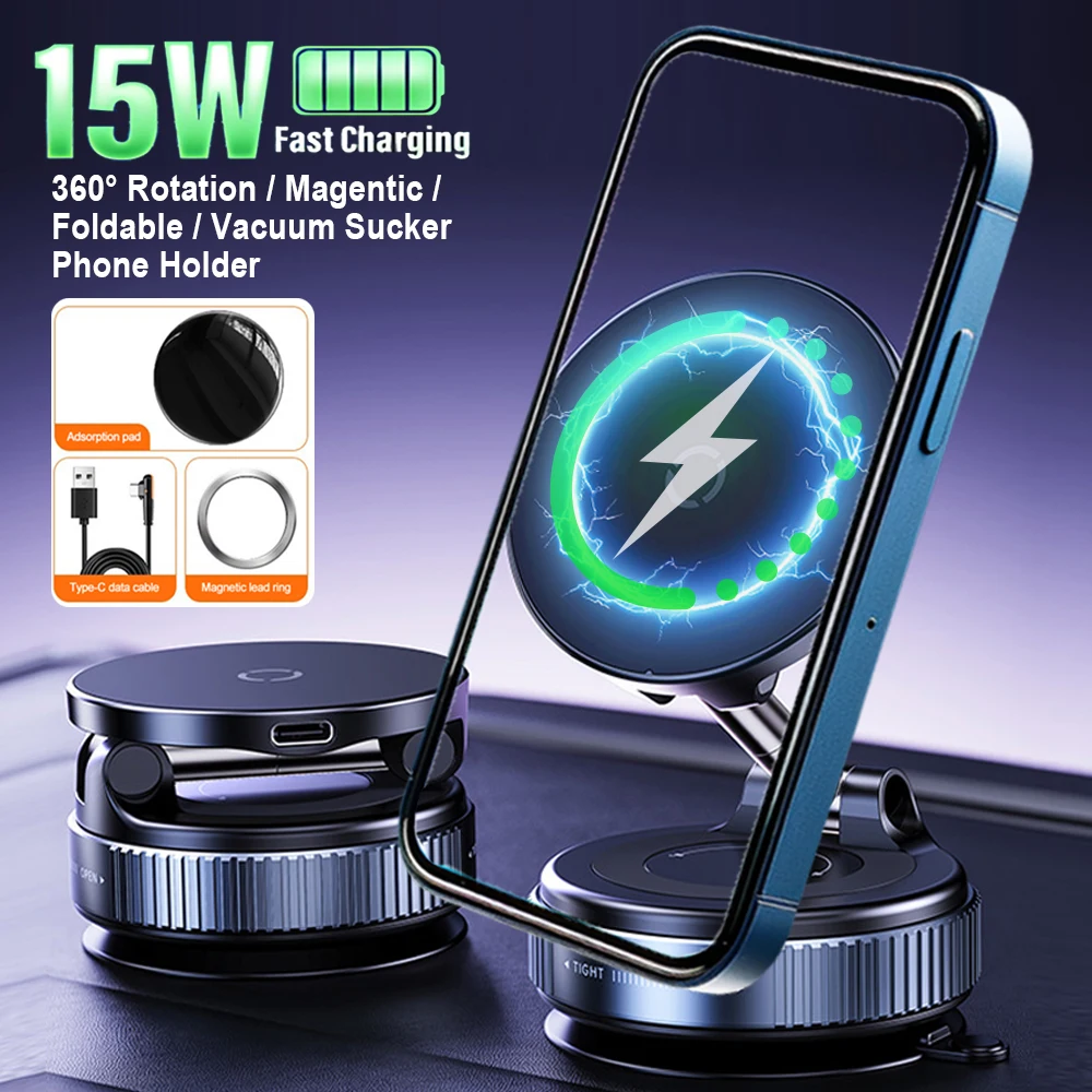 15 W Drahtlose Ladegerät Magnetische Telefon Halter Vakuum Adsorption Halterung 360 Grad Rotierenden Desktop Windschutzscheibe Sucker GPS Stand Image