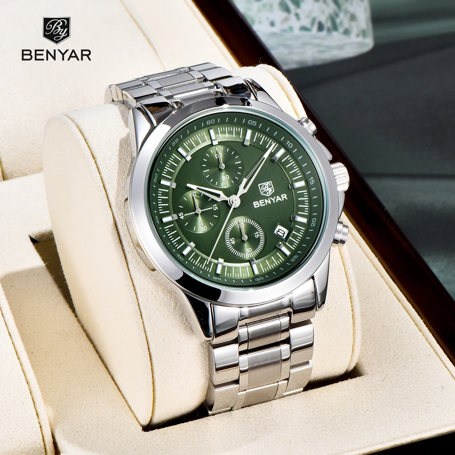 BENYAR 2024 Herrenuhren, Top-Marke, Luxus-Quarzuhr, Herren-Geschenkuhr, wasserdichte Armbanduhr, Edelstahl, modisch, leuchtend Image