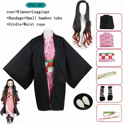 Anime Nezuko Cosplay Kamado Nezuko Cosplay Kostüm Nezuko Perücke Uniform mit Requisiten für Image