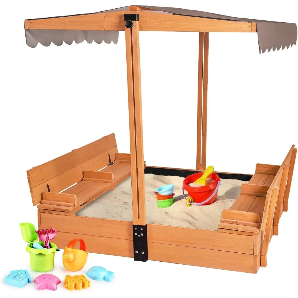 Gartenmöbel Kinder Outdoor Holzspielset, Kinder Sandkästen mit Abdeckungen Klappbare Sitzbank mit Baldachin Sandkästen Image