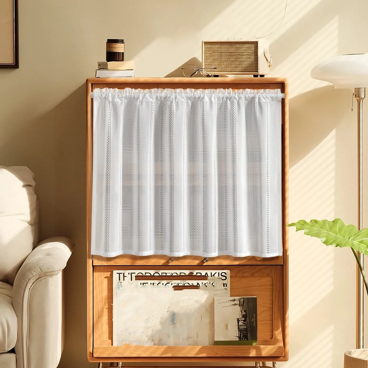 1 Stück weißer, maßgeschneiderter Fenster-Volant, Stangentasche, halbkurzer Vorhang im japanischen Pastoral-Minimalist-Stil für die Wohnzimmerdekoration Image