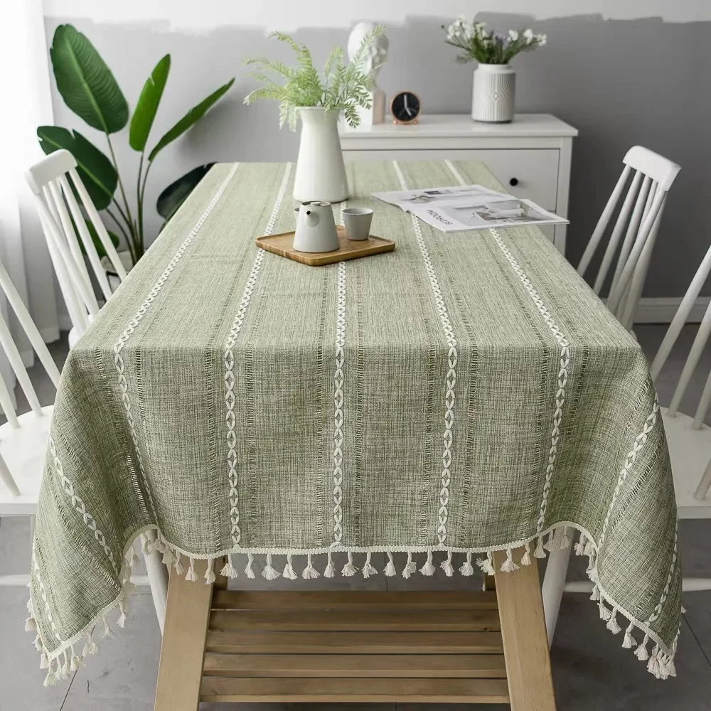Baumwolle Leinen Tischdecke Streifen Quaste Tischdecke Fleck Staubdicht Tischdecke Für Küche Dinning Party Tee Tisch Dekoration Image