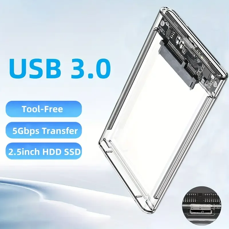 Transparentes USB 3.0-zu-SATA-III-Gehäuse für 2,5-Zoll-HDD/SSD, werkzeuglose 5-Gbit/s-Datenübertragung, tragbares Festplattengehäuse für Laptop Image