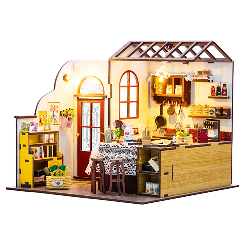DIY Holz Miniatur Küche Puppenhaus Modell Gebäude Kits Haus Spielzeug Mit Möbel Für Kinder Geschenk Holz Handwerk Puppenhäuser