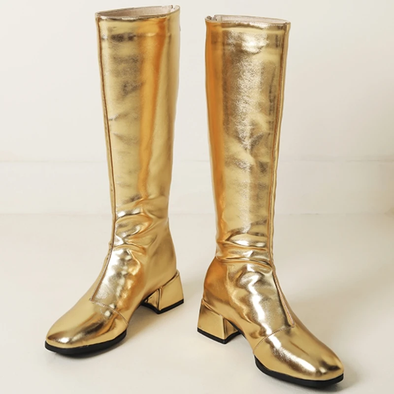 Kniehohe Stiefel für Damen, Winterschuhe, 2025, Gold, Silber, niedriger Absatz, langer Stiefel, Damen-Party-Schuhe, Schuhe, große Größe 45, wasserdicht