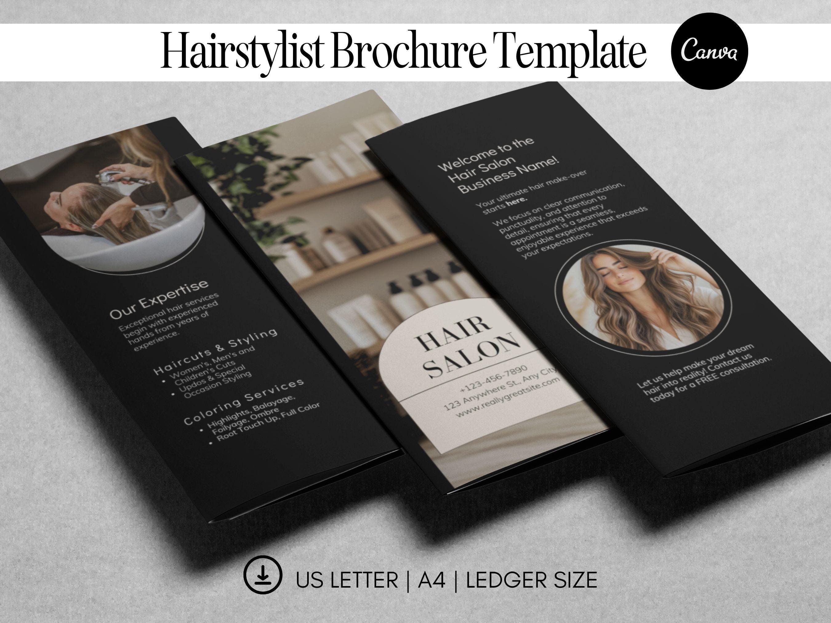 Modello di brochure per capelli a tre ante modificabile, volantino per parrucchiere stampabile, modello di brochure per salone di bellezza, volantino