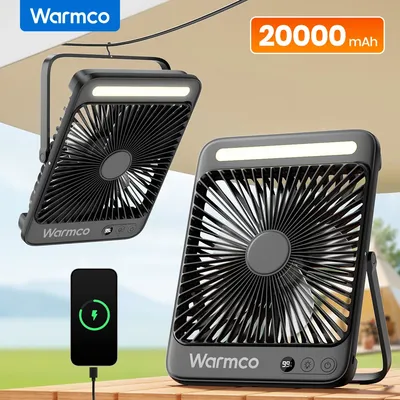 Warmco D4 Portable Desk Fan Rechargeable 20000mAh Camping Fan with Light,48Hrs Run Time 8" Silent