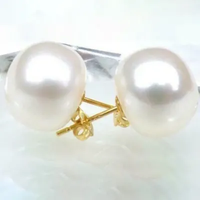 Huge Natural AAA+++ 13-14 Mm South Sea White Pearl Women's Earrings 14K Yellow Gold