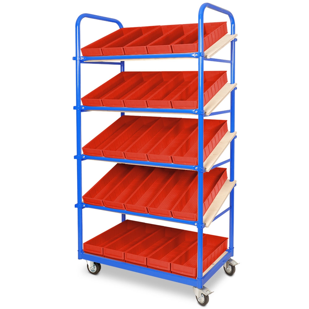 BRB Schrägboden-Regalwagen mit 5 Ebenen, BxTxH 1050x500x1880 mm, 2 Lenk- (mit Feststellbremse) 2 Bockrollen mit 25 Regalkästen Image