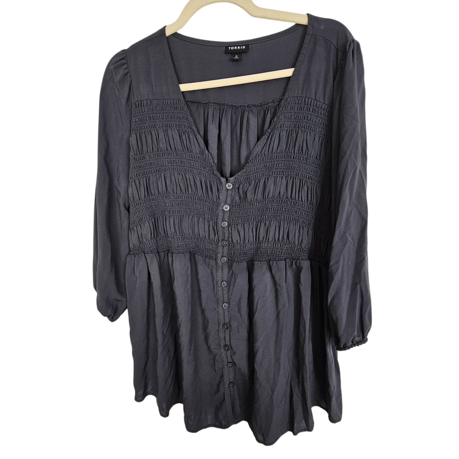 Torrid Tops | Torrid Top Babydoll Top Button Front Top Smocked Top 0x Gray V Neck Top Challis | Color: Gray | Size: 0x