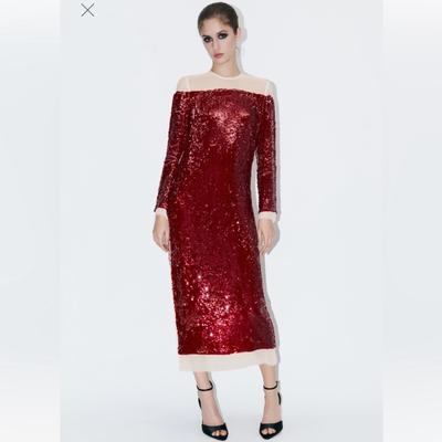 Zara Dresses | Zara Red Sequin Chiffon Dress Long Dress Party Dress Wedding Dress | Color: Red | Size: Os