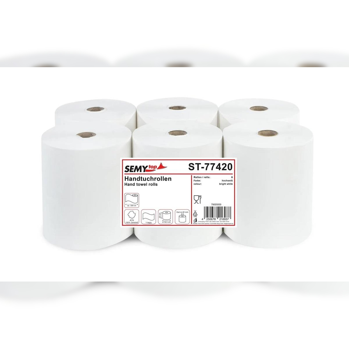 Plock GmbH SemyTop Handtuchrollen - 20 cm - 1-lagig - 304 m - weiß - Ø 19,5 cm - 6 Rollen Image