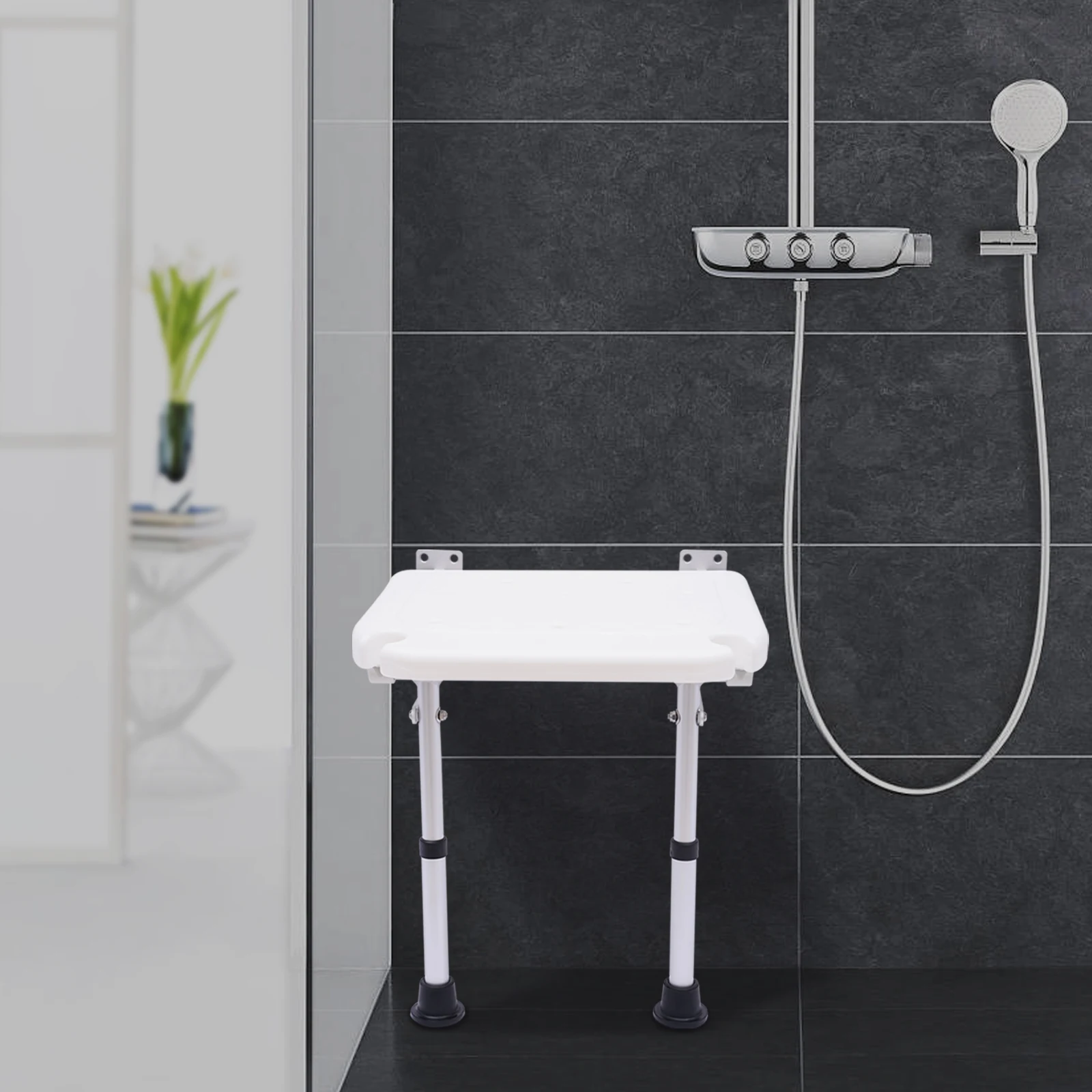 Duschsitz, Wandmontage, faltbar, mit Stützbeinen, Klappsitz, Duschhocker, Badehocker, Klapphocker für Senioren und Kinder