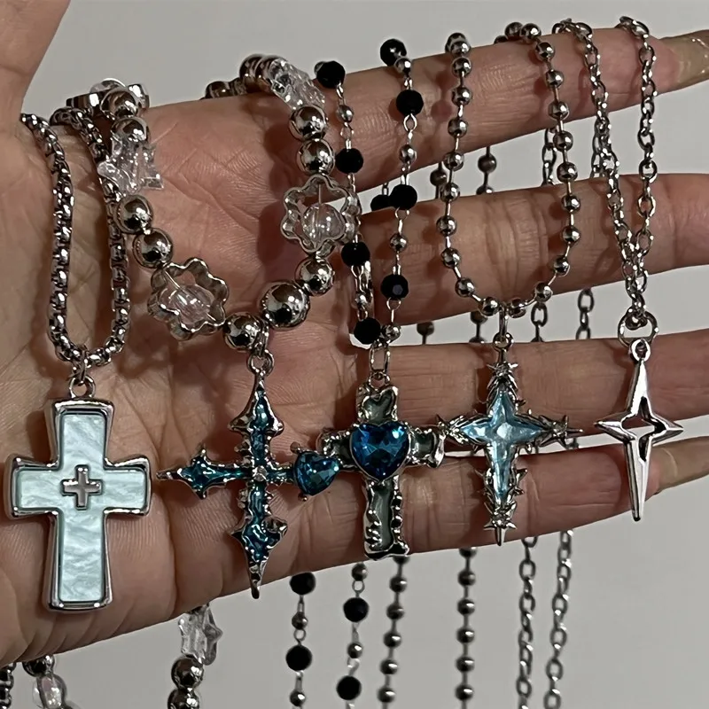 Gothic Blaues Kreuz Anhänger Silber Farbe Kette Halskette Für Frauen Männer Mode Trendy Punk Y2K Charms Hip Hop Schmuck Zubehör