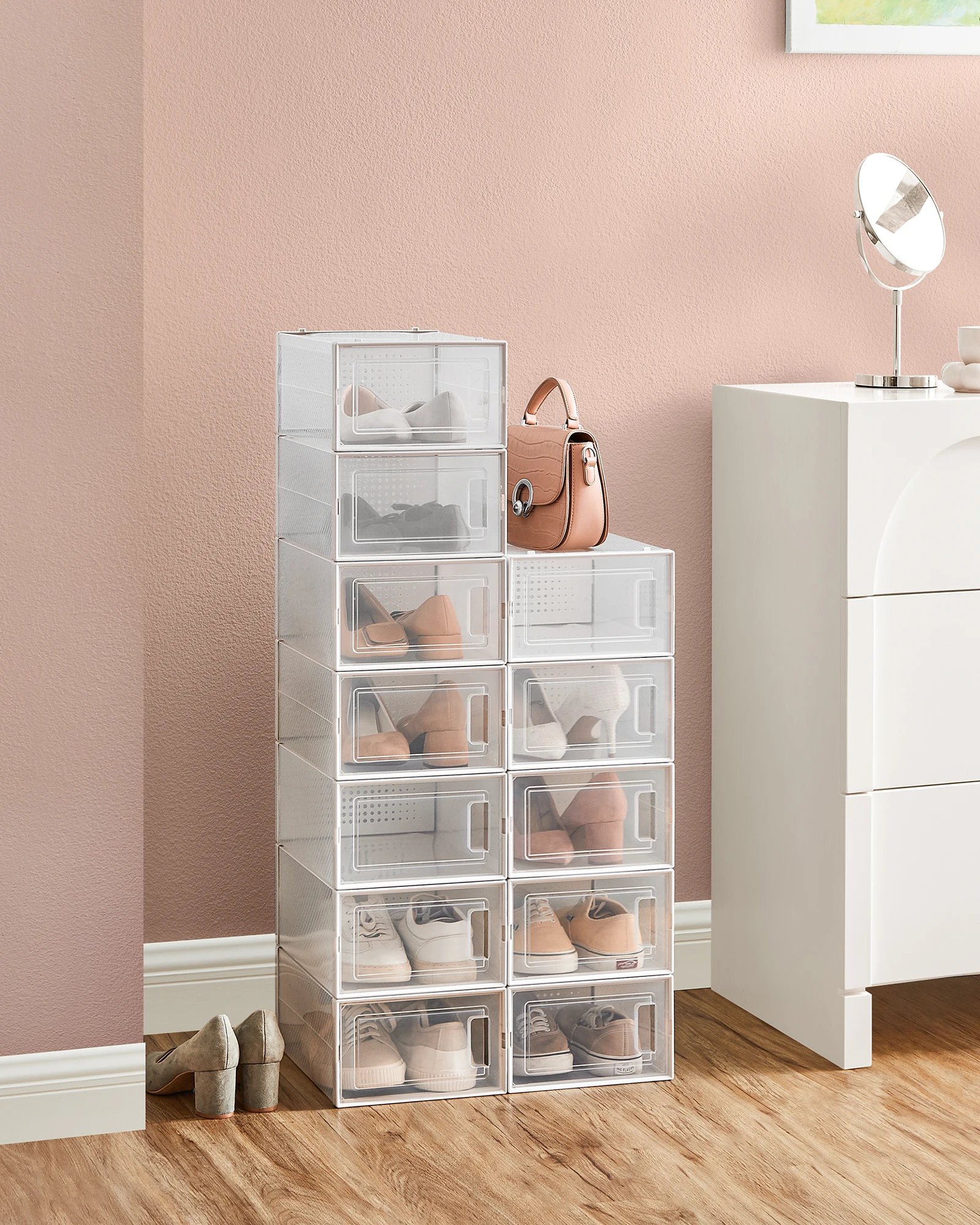 SONGMICS Schuhboxen, 12er Set, Schuh-Organizer aus Kunststoff, faltbar und stapelbar, für Schuhe bis Größe 44/46, weiß