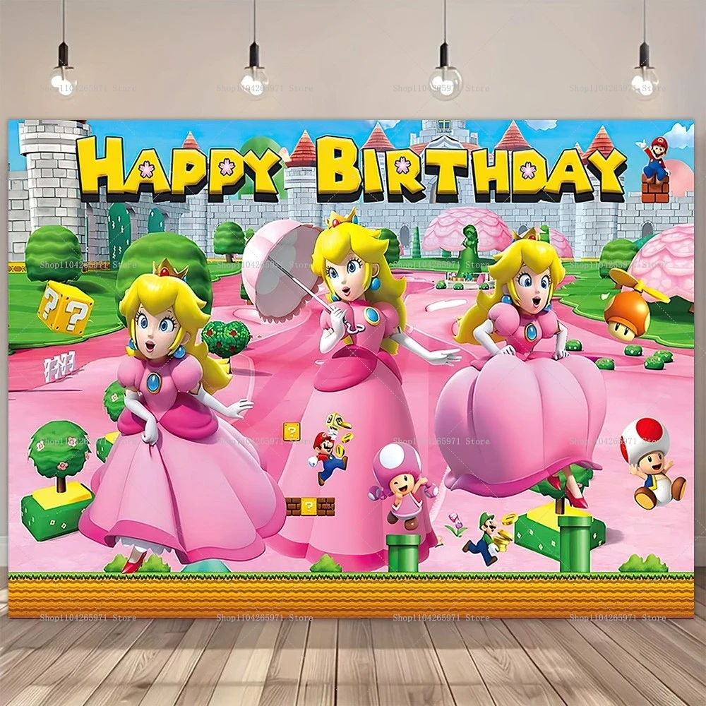 Pfirsich Gänseblümchen Prinzessin Party Hintergrund rosa Super Marios Thema Kind Mädchen Geburtstag Hintergrund Baby Dusche Foto Studio Banner Dekor Image