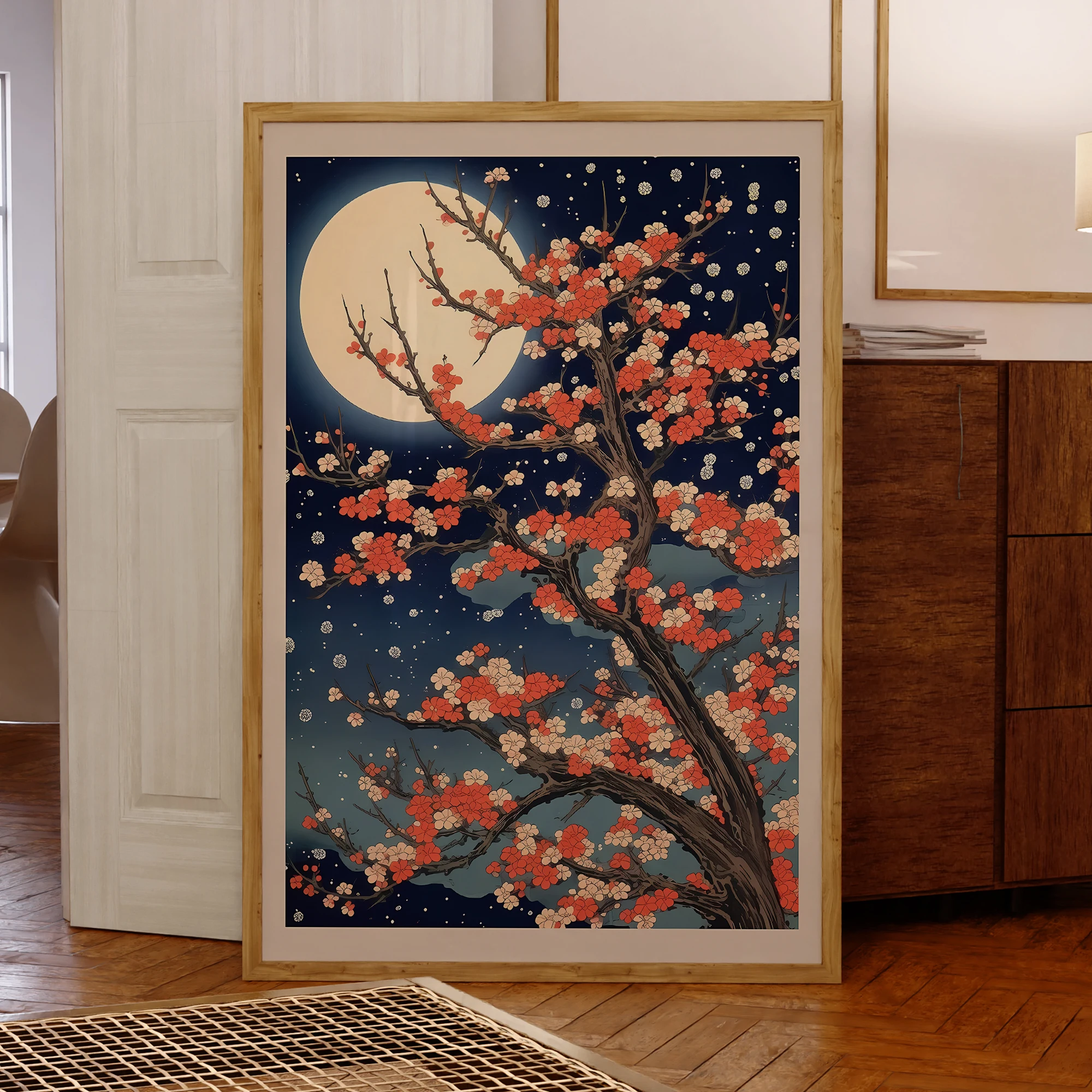 Moderne Im Mondlicht Sakura Baum Wand Kunst Aluminium Rahmen Drucke Leinwand Malerei Poster Bild Für Wohnzimmer Wohnkultur Image