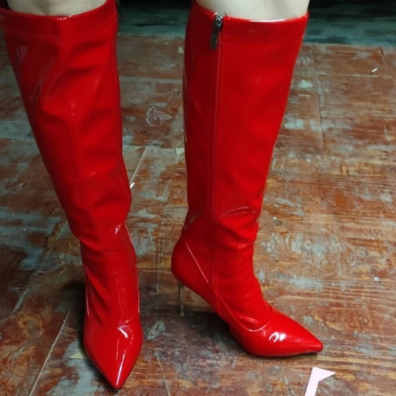 Rote hohe Stiefel mit Reißverschluss für Damen, sexy Herbst-Winter-Schuhe, spitze Zehen, schwarz, weiß, kniestiefel mit Absatz, Damenschuhe, große Größe 48