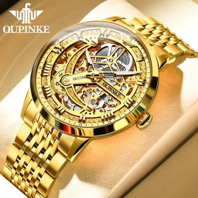 OUPINKE A3173 Mens Watch Luxury Brand Skeleton Automatic Mechanical Watch 50M Waterproof Tungsten Steel/Leather Strap Watch