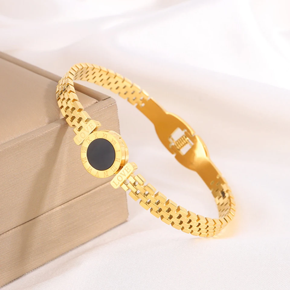 ZAKOL Edelstahl 18 Karat Gold Farbe römische schwarze Muschel Uhr Armband Nischendesign Schmuck Geschenk für Frauen Männer Image