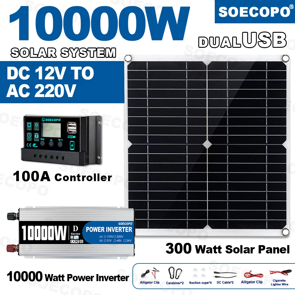 10000 W Solarstrom-Komplettset, 12 V bis 220 V, Inverter 100 A, Controller, 300 W Panel-System für Zuhause/Wohnmobil/Camping, Vollhaus-Generator Image