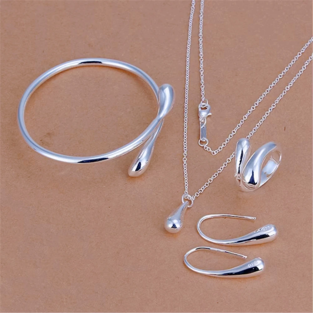 Ciondoli in argento sterling 925 con pendente a goccia d'acqua, braccialetto, collana, orecchino, anello per le donne, set di gioielli per feste di moda