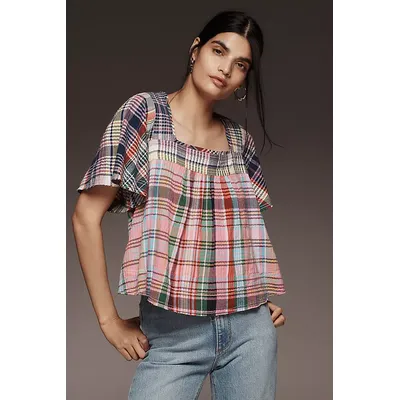 Pilcro Mixed Madras Flutter-Sleeve Blouse