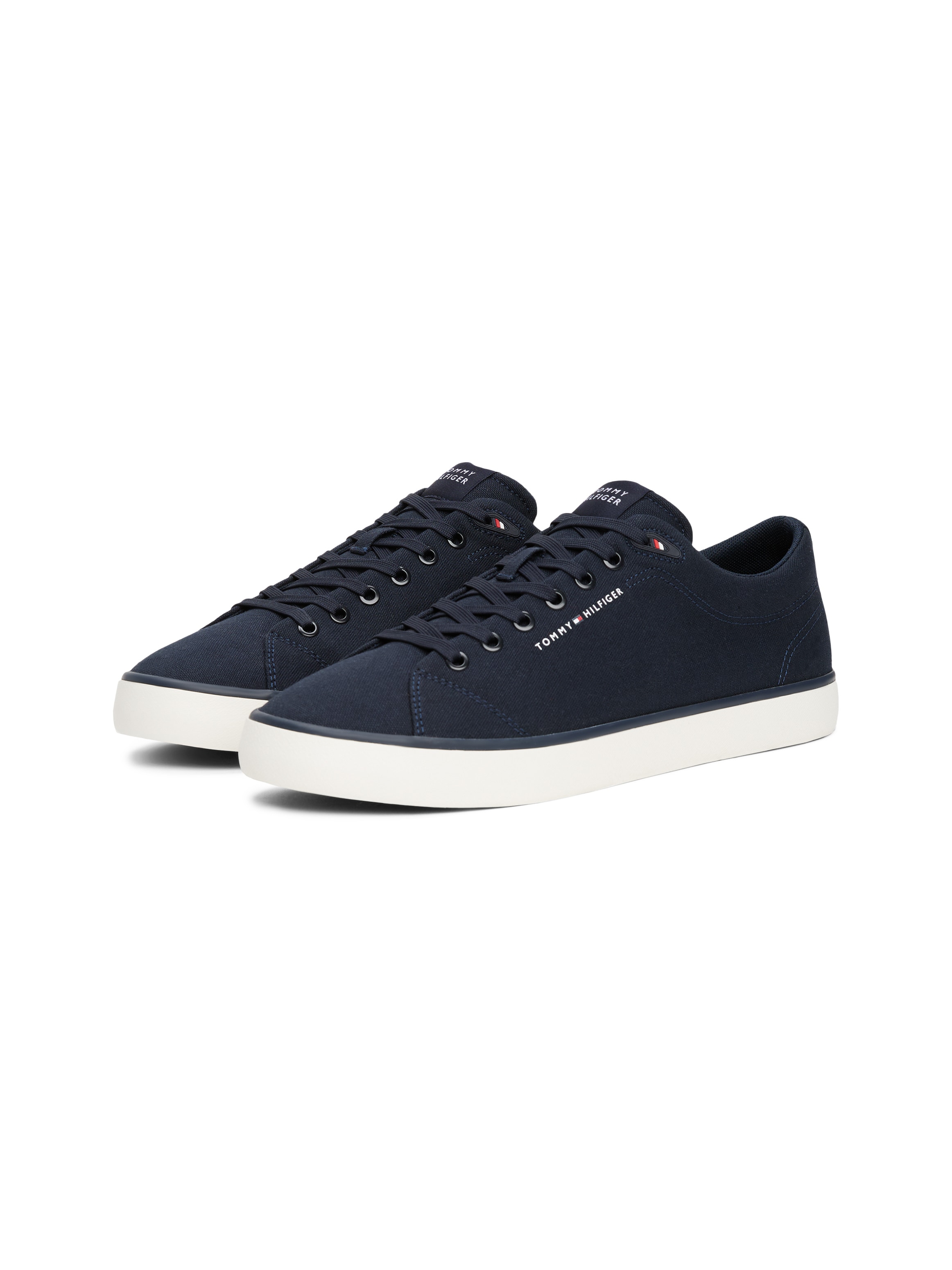 Sneaker TOMMY HILFIGER "TH HI VULC LOW CORE CANVAS", Herren, Gr. 46, blau (dunkelblau), Textil, Schuhe Sneaker, Freizeitschuh, Halbschuh, Schnürer mit weich gepolstertem Schaftrand