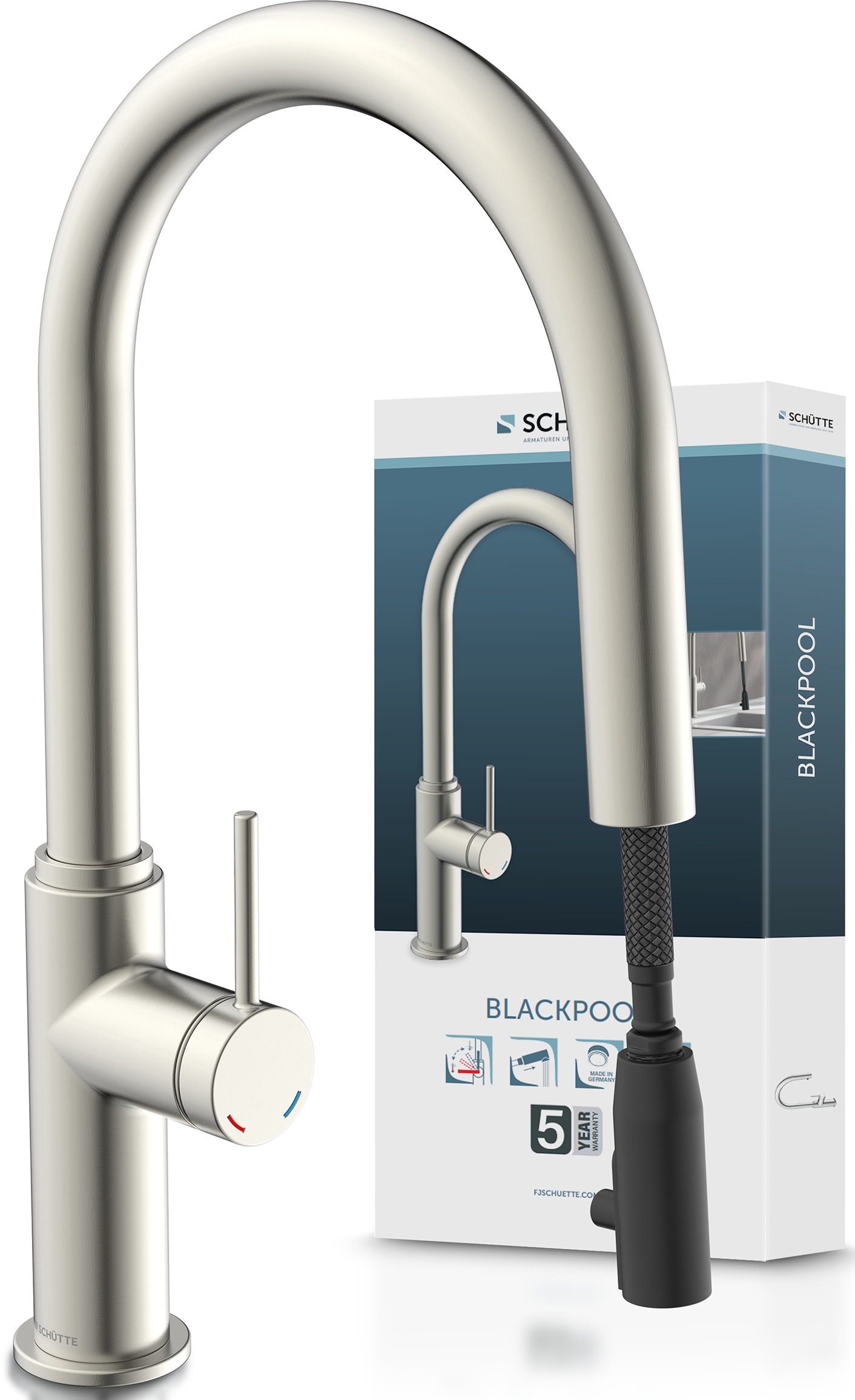 Spültischarmatur SCHÜTTE "BLACKPOOL", silber (edelstahloptik), B:5,5cm H:42,5cm T:26,5cm Ø:5,5cm, Zink, Armaturen, energiesp. Cold-Start-Funkt., 360 schwenkbar, ausziehbarer Schlauch