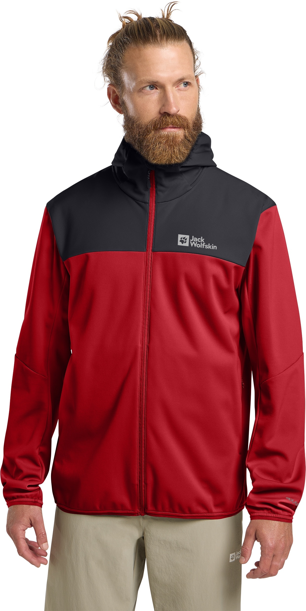 Softshelljacke JACK WOLFSKIN "FELDBERG HOODY M", Herren, Gr. M (50), rot (adrenaline, rot), Oberstoff: 100% POLYESTER ; Kontrastmaterial 1: 100% POLYESTER ; Futter 1:00% POLYESTER, Jacken Softshelljacke