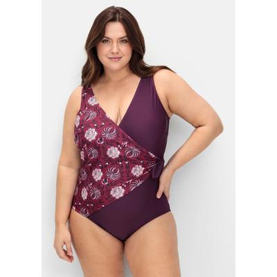 Badeanzug SHEEGO BY JOE BROWNS "Große Größen", Damen, Gr. 58, Cup E, lila (beere gemustert), Nylon, Xtra Life LYCRA, Badeanzüge, in Wickeloptik, mit Shaping-Effekt Image