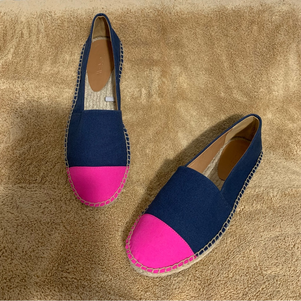 J. Crew Shoes | Women’s 9 1/2 J. Crew Navy Blue / Pink Cap Toe Canvas Espadrille Slip On Shoes | Color: Blue/Pink | Size: 9.5
