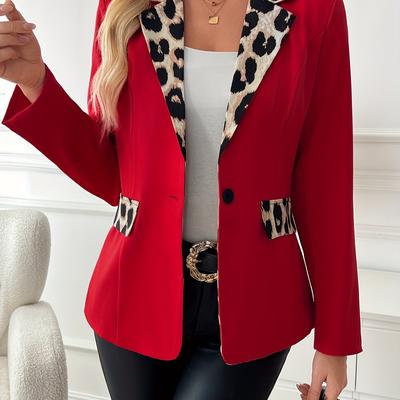 TEMU Women's Elegant Red And Leopard Print Long Sleeve Blazer - Stylish X-shaped Jacket With Button Details, Spring/summer/fall, Polyester Material, Machine Washable Image