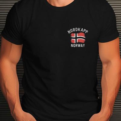 "TEMU Plus Size Men's T-shirt - Norway Flag Inspired "norway" Graphic, Casual Black Polyester Tee With Stripes, Round Neck, Summer Wear, Machine Washable, Plus Size Tshirts, Plus Size" Image