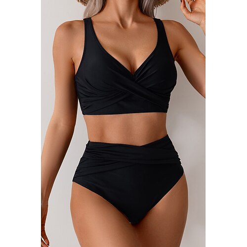 Damen Badeanzug Bikini Bademode Gerafft Hoch tailliert Tropisch Strandbekleidung Einfach V-förmiger Draht-Ausschnitt Ärmellos Badeanzüge Image
