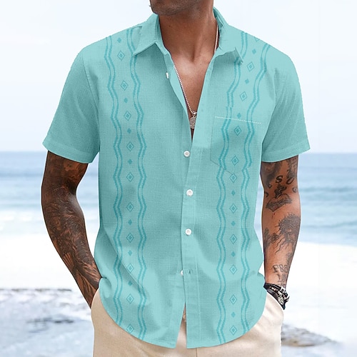 Herren Geometrisch Hemd Guayabera Hemd Knopfhemd Kurzarm Modisch lässig Urlaub Alltagskleidung Strandbekleidung Sommer Frühling Umlegekragen 3D-Druck Hemden mit Kragen Eine Tasche vorne Weiß Blau Image