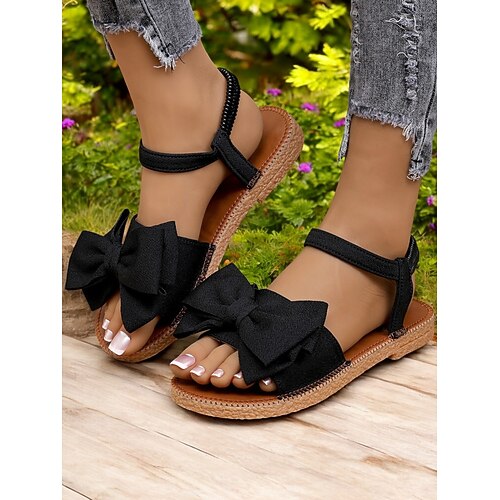 Hellgrüne Sandalen mit Schleife für Damen – elegante flache Sandalen mit offener Spitze und Knöchelriemen für den Sommer, Freizeitausflüge und Strandbekleidung Image