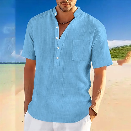 Herren Hemd Sommerhemd Freizeithemd Strandhemd Knopfhemd Schwarz Weiß Dunkelmarine Himmelblau Kaki Kurzarm Einfach Stehkragen Urlaub Hawaiianisch Tasche Bekleidung Polyester Mode Lässig Bequem Image