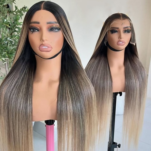 Remy Echthaar 5x5 Verschluss 13x4 Spitzenfront Perücke Mittelscheitel Brasilianisches Haar Gewellt Mehrfarbig Perücke 130% 150% Haardichte Ombre-Haar Hervorgehobenes / Balayage-Haar Natürlicher Image