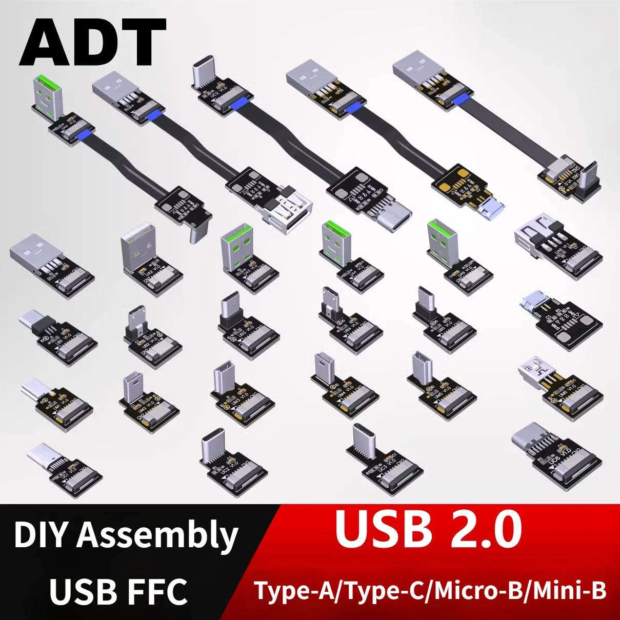 FPC Super Flat Flexible rechtwinklige 90-Winkel-Typ-A/USB-C/Micro-B/Mini-B-Stecker FPV-Datenladung USB2.0-Anschluss FFC-Adapterkabel Image
