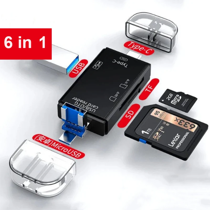 6-in-1 OTG-Kartenleser USB 3.0 Micro SD TF-Karte Speicherleser Hochgeschwindigkeits-USB-Flash-Laufwerk Micro-USB Typ C auf USB-Adapter Schriftsteller Image